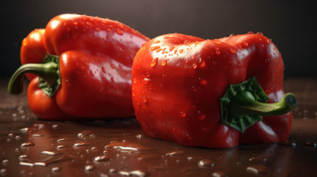 Red bell pepper on a wooden table with drops of water on a dark background, generative aiの素材