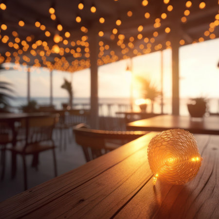 Empty wooden table with bokeh light in coffee shop background.の素材