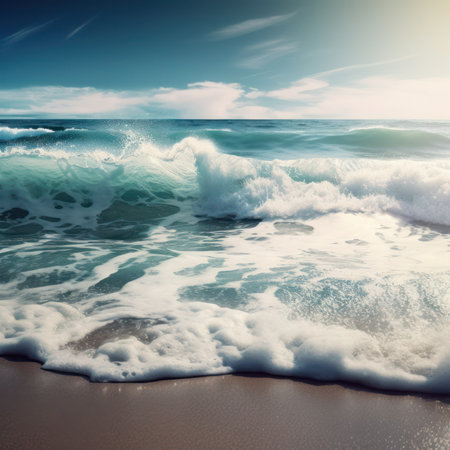 Beautiful seascape with waves on the beach. Nature composition, generative aiの素材