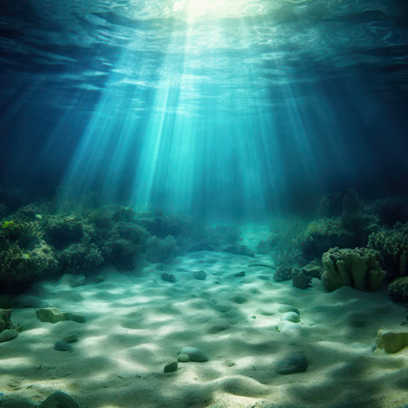 Underwater view of the coral reef with sunbeams and sunlight, generative aiの素材