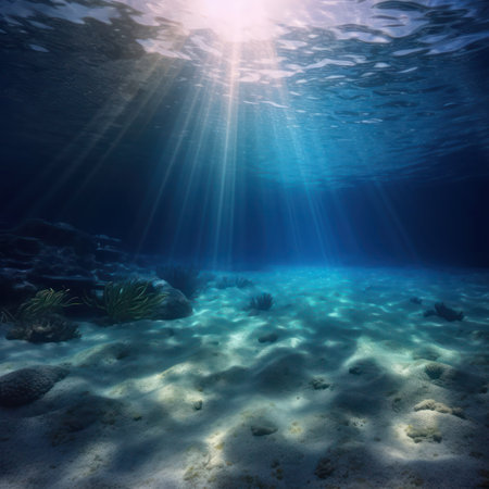 Tropical underwater scene with sun rays breaking through the coral, generative aiの素材