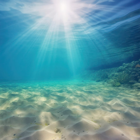 Underwater landscape with sunbeams and sand. 3d render, generative aiの素材
