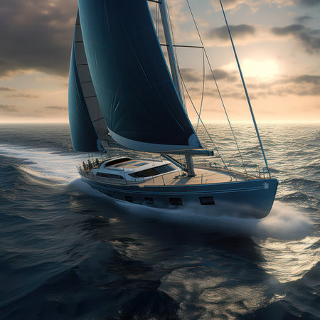 Sailing yacht in the sea at sunset. 3D illustration, generative aiの素材
