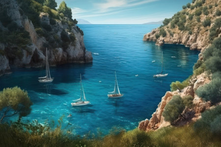 Beautiful landscape with yachts and boats on the sea, generative aiの素材