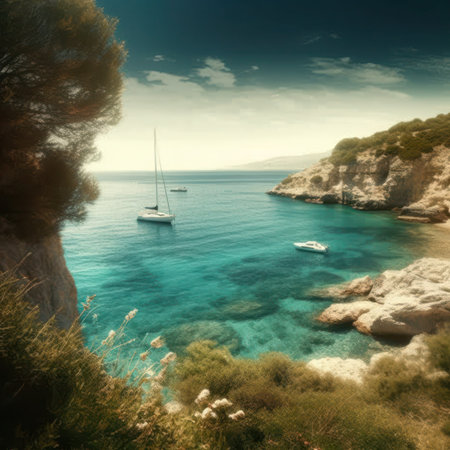 Beautiful seascape with yacht. Composition of nature, generative aiの素材