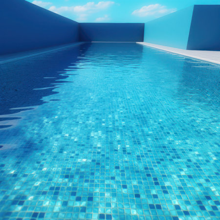 Swimming pool with blue tile floor and sun reflection. 3d render, generative aiの素材