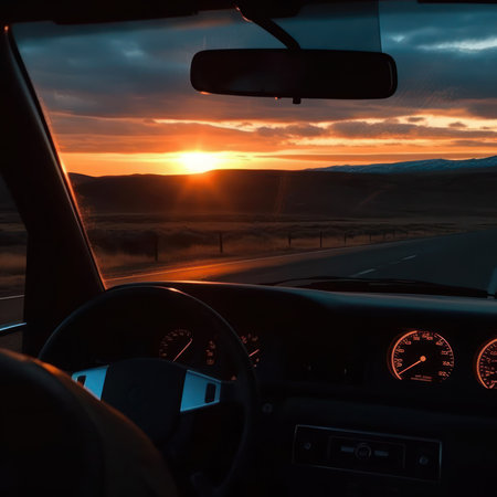 Driving on highway at sunset. View from inside the car, generative aiの素材