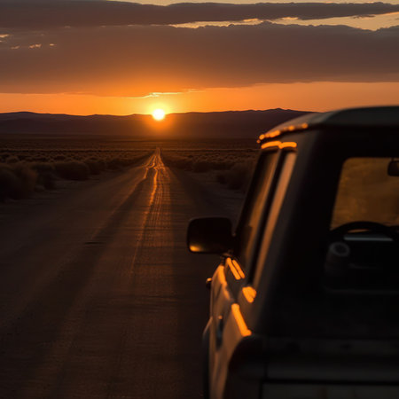 Car on the road at sunset in Namib desert, Namibia, generative aiの素材