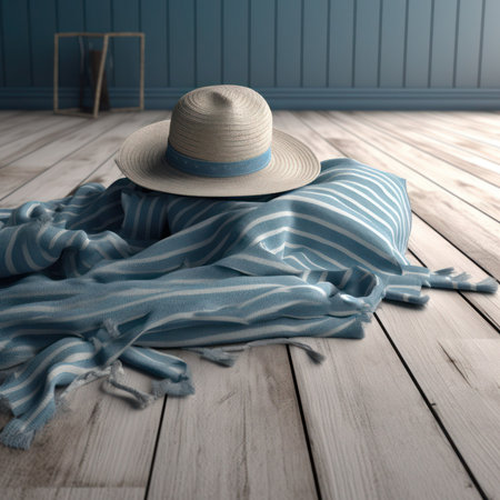 Straw hat and beach towel on wooden floor. 3d render, generative aiの素材