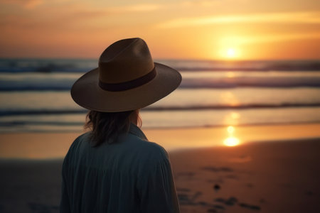 Young woman in hat standing on the beach and looking at the sunset, generative aiの素材