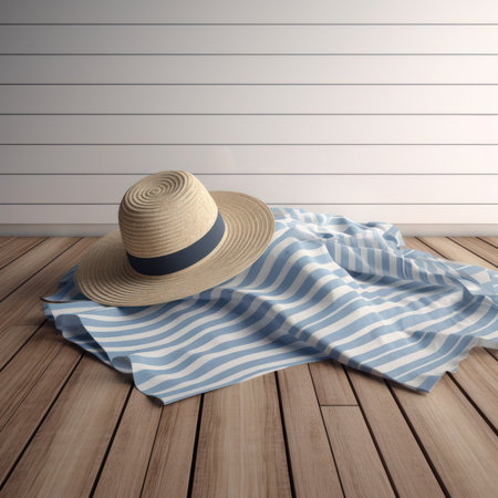 Beach hat and striped towel on wooden floor. 3d render, generative aiの素材