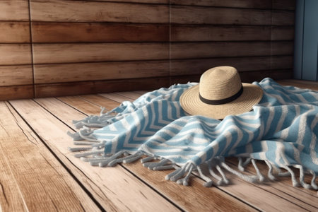 Straw hat and blue plaid on wooden floor, closeup, generative aiの素材