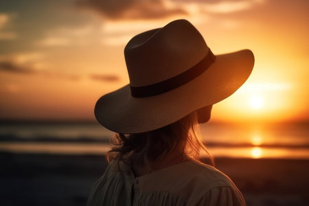 Silhouette of a woman in hat on the beach at sunset, generative aiの素材
