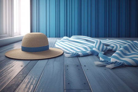 3d rendering of a beach hat and scarf on a wooden floor, generative aiの素材