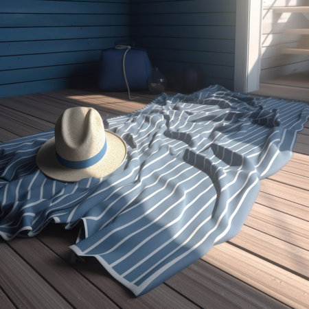 Straw hat and striped shirt on the bed. 3d rendering, generative aiの素材