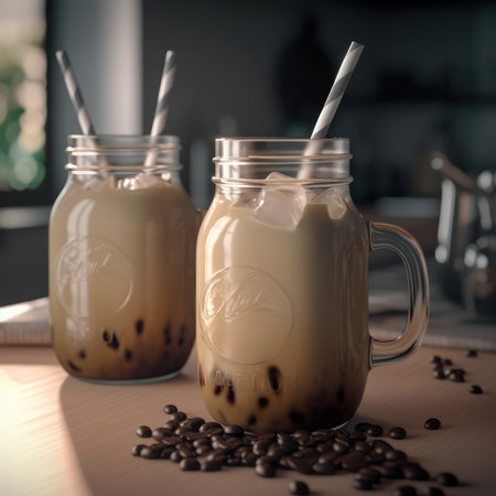Iced coffee in mason jars with straws on wooden table, generative aiの素材
