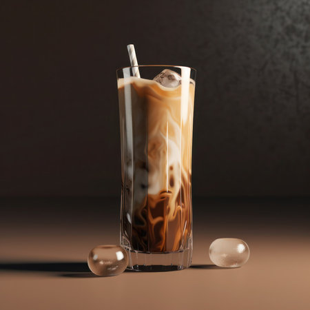 Iced coffee with ice cubes on brown background. 3d rendering, generative aiの素材