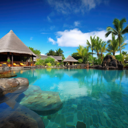 Tropical beach with palm trees at Seychelles, generative aiの素材
