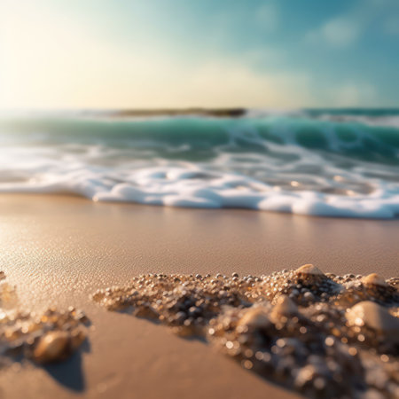 Soft wave of the sea on the sandy beach with blurred background, generative aiの素材