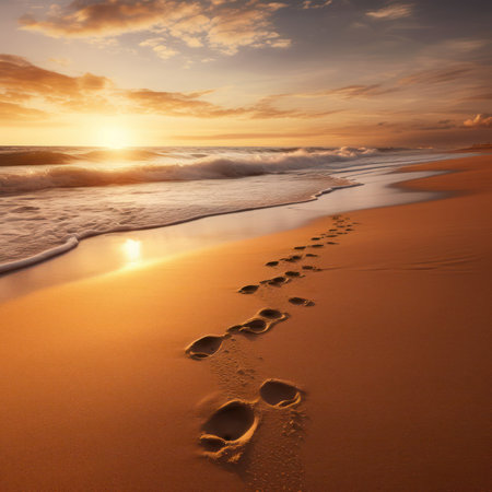 Footprints in the sand on the beach at sunset. Natural background, generative aiの素材
