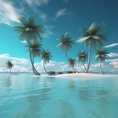 tropical island with palm trees and turquoise water 3d render, generative aiの素材