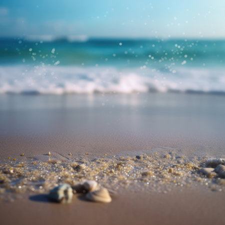 Sea shells on sandy beach with soft wave and bokeh background, generative aiの素材