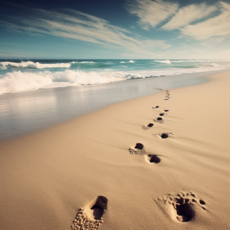 Footprints in the sand on the beach. Beautiful seascape, generative aiの素材
