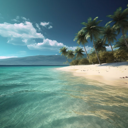 Tropical beach with palm trees and blue sky. 3d render, generative aiの素材