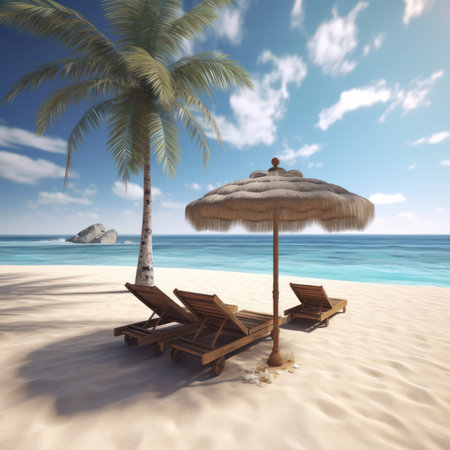 Parasol on a tropical beach. 3d render image, generative aiの素材