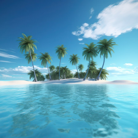 Tropical island with palm trees on the water surface. 3d render, generative aiの素材