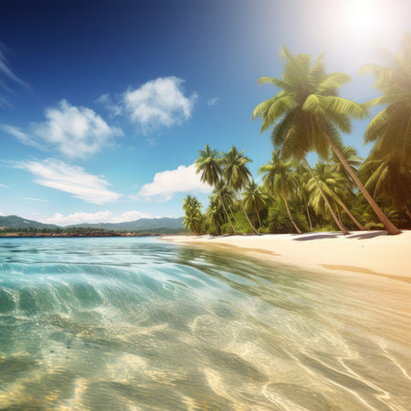 Tropical beach with palm trees and blue sky. Nature background, generative aiの素材