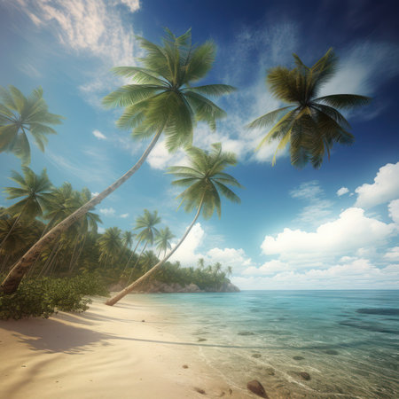 Tropical beach with coconut palm trees at Seychelles, generative aiの素材