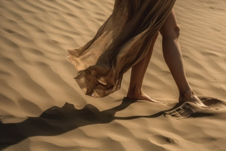 Female legs in the sand dunes of the Sahara desert, Morocco, generative aiの素材