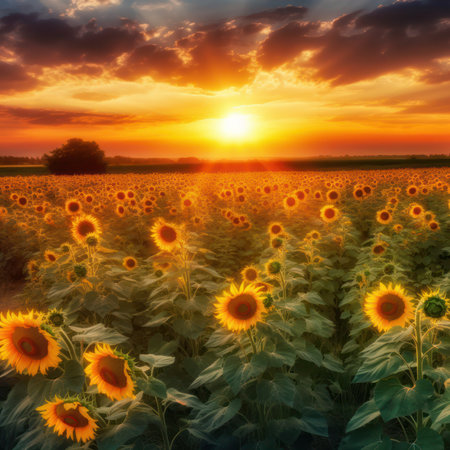 Sunset over sunflowers field. Beautiful landscape with sunflowers, generative aiの素材