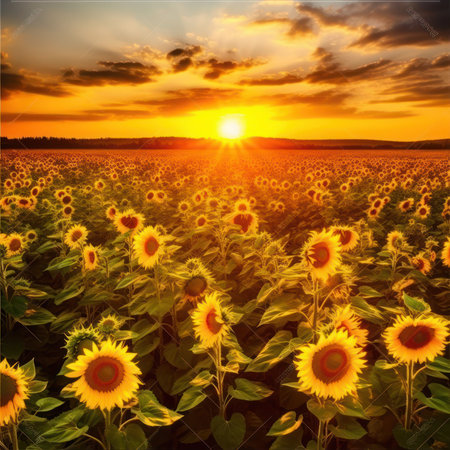 Sunflower field at sunset. Landscape with sunflowers, generative aiの素材
