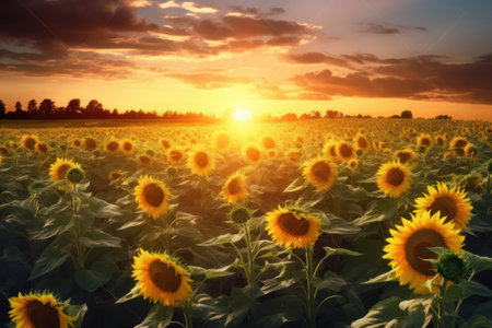 Sunflower field at sunset. Beautiful landscape with sunflower field, generative aiの素材