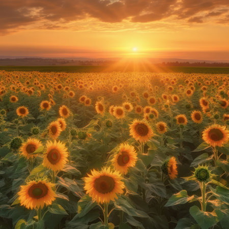 Sunflower field at sunset. Beautiful landscape with sunflowers, generative aiの素材