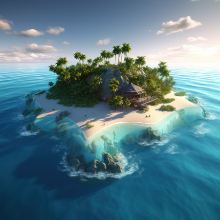 tropical island with palm trees and bungalows. 3d render, generative aiの素材