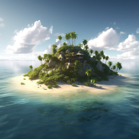 Tropical island with palm trees and bungalows. 3d render, generative aiの素材