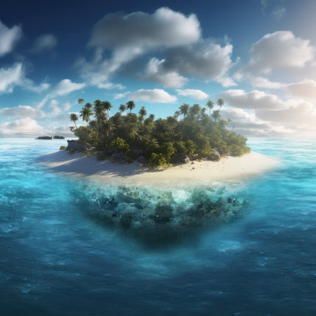 Tropical island in the ocean at sunset. 3d render, generative aiの素材