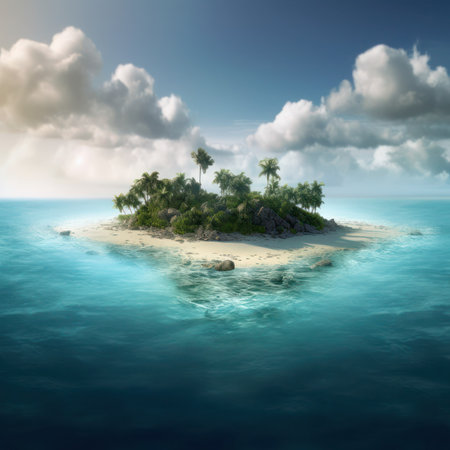 Tropical island with palm trees and blue sea. 3d render, generative aiの素材