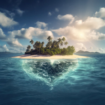 Tropical island with palm trees at sunset. 3d render, generative aiの素材