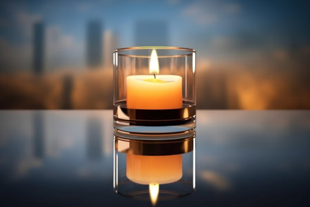 Burning candle in a glass on the background of the city, generative aiの素材