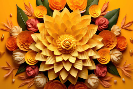 Paper flowers with leaves on orange background, top view, generative aiの素材