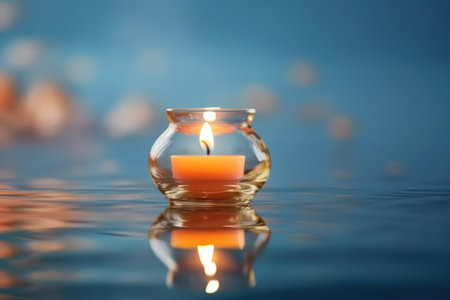 Burning candle in a glass candlestick on a blue background, generative aiの素材