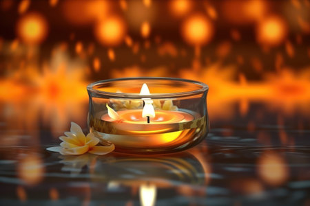 Burning candle in glass bowl with flower on water surface, closeup, generative aiの素材