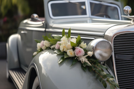 Wedding bouquet of flowers on the headlight of a vintage car, generative aiの素材