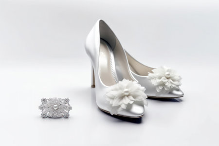 Wedding shoes and flowers on a white background. Wedding accessories, generative aiの素材