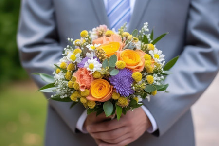 Wedding bouquet of flowers in the hands of the groom, generative aiの素材