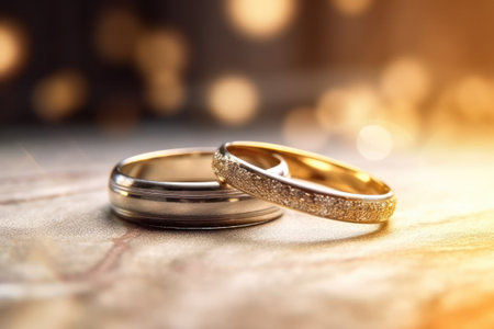 Wedding rings on a background of gold bokeh, generative aiの素材
